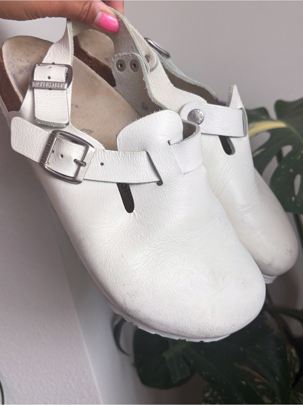 Birkenstock White Leather sling back Clogs with Buckles